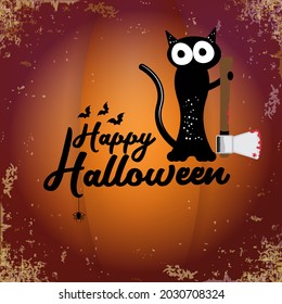 Happy halloween greeting card or banner with Black cat holding knife isolated on grunge orange background. Funny Halloween black cat holding a bloody knife . Halloween concept illustration
