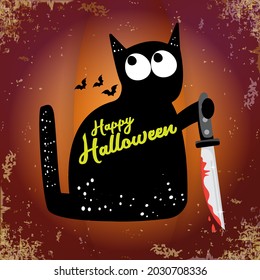 Happy halloween greeting card or banner with Black cat holding knife isolated on grunge orange background. Funny Halloween black cat holding a bloody knife . Halloween concept illustration