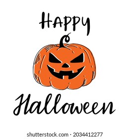 Happy Halloween greeting card or banner. Hand-drawn doodle pumpkin and lettering element