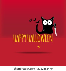 Happy halloween greeting card or banner with Black cat holding knife isolated on red background. Funny Halloween black cat holding a bloody knife . Halloween concept illustration