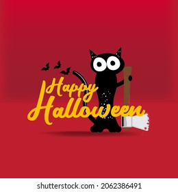 Happy halloween greeting card or banner with Black cat holding knife isolated on red background. Funny Halloween black cat holding a bloody knife . Halloween concept illustration