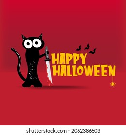 Happy halloween greeting card or banner with Black cat holding knife isolated on red background. Funny Halloween black cat holding a bloody knife . Halloween concept illustration