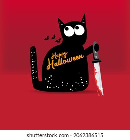 Happy halloween greeting card or banner with Black cat holding knife isolated on red background. Funny Halloween black cat holding a bloody knife . Halloween concept illustration