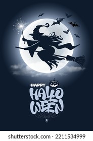 Feliz tarjeta de saludo de Halloween, planilla de banner con letras, silueta de bruja volando sobre palo de escoba con bandada de murciélagos. Luna mística llena y nubes realistas sobre el fondo. Ilustración del vector