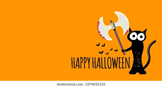 Happy halloween greeting card or banner with Black cat holding bloody knife isolated on orange background. Funny Halloween black cat holding a bloody knife . Halloween vector design template