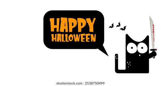 Happy halloween greeting card or banner with Black cat holding bloody knife isolated on white background. Funny Halloween black cat holding a bloody knife . PNG Halloween vector design template