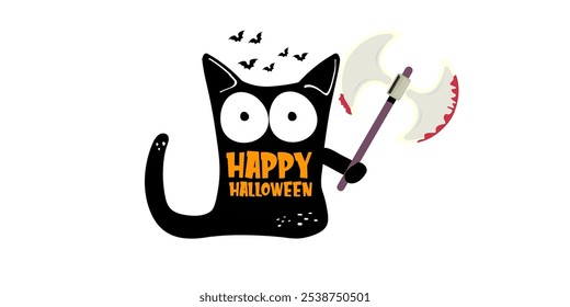 Happy halloween greeting card or banner with Black cat holding bloody knife isolated on white background. Funny Halloween black cat holding a bloody knife . PNG Halloween vector design template