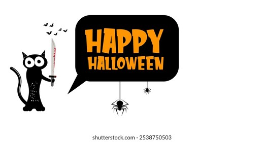 Happy halloween greeting card or banner with Black cat holding bloody knife isolated on white background. Funny Halloween black cat holding a bloody knife . PNG Halloween vector design template