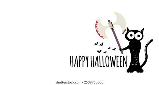 Happy halloween greeting card or banner with Black cat holding bloody knife isolated on white background. Funny Halloween black cat holding a bloody knife . PNG Halloween vector design template