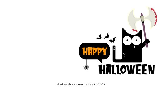 Happy halloween greeting card or banner with Black cat holding bloody knife isolated on white background. Funny Halloween black cat holding a bloody knife . PNG Halloween vector design template