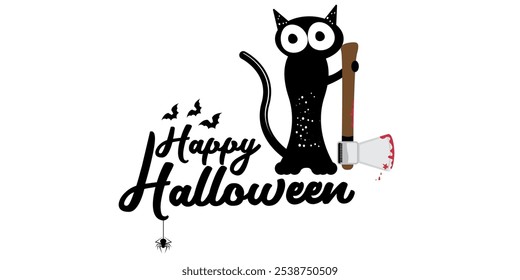 Happy halloween greeting card or banner with Black cat holding bloody knife isolated on white background. Funny Halloween black cat holding a bloody knife . PNG Halloween vector design template