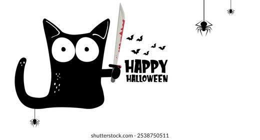 Happy halloween greeting card or banner with Black cat holding bloody knife isolated on white background. Funny Halloween black cat holding a bloody knife . PNG Halloween vector design template