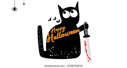 Feliz cartão de saudação de halloween ou banner com gato preto segurando faca sangrenta isolado no fundo branco. Engraçado gato preto de Halloween segurando uma faca sangrenta . Modelo de design de vetor de Halloween PNG