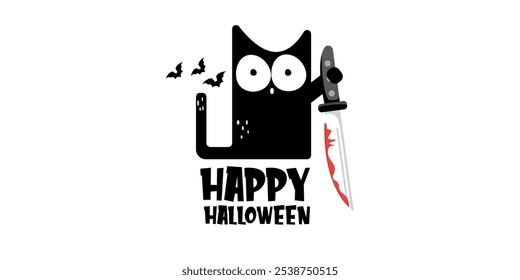 Happy halloween greeting card or banner with Black cat holding bloody knife isolated on white background. Funny Halloween black cat holding a bloody knife . PNG Halloween vector design template