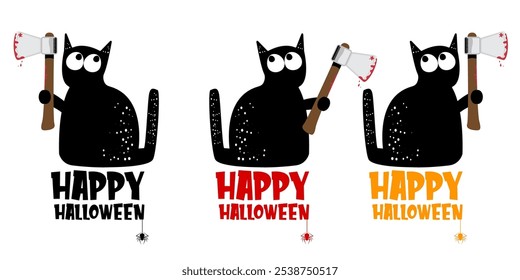 Happy halloween greeting card or banner with Black cat holding bloody knife isolated on white background. Funny Halloween black cat holding a bloody knife . PNG Halloween vector design template