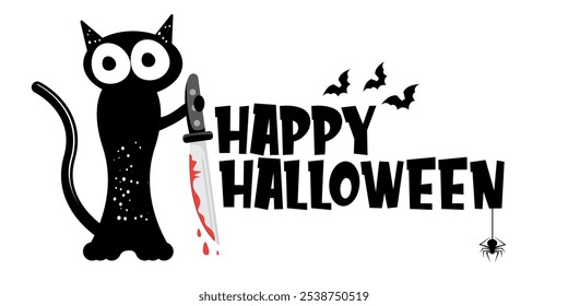 Happy halloween greeting card or banner with Black cat holding bloody knife isolated on white background. Funny Halloween black cat holding a bloody knife . PNG Halloween vector design template