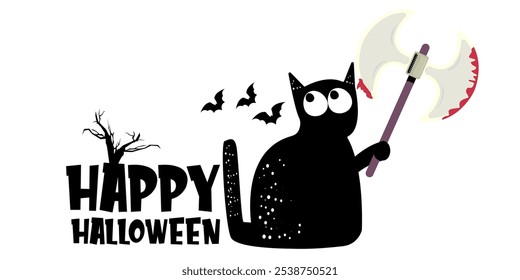 Happy halloween greeting card or banner with Black cat holding bloody knife isolated on white background. Funny Halloween black cat holding a bloody knife . PNG Halloween vector design template