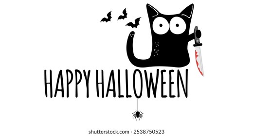 Happy halloween greeting card or banner with Black cat holding bloody knife isolated on white background. Funny Halloween black cat holding a bloody knife . PNG Halloween vector design template