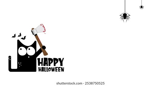 Happy halloween greeting card or banner with Black cat holding bloody knife isolated on white background. Funny Halloween black cat holding a bloody knife . PNG Halloween vector design template