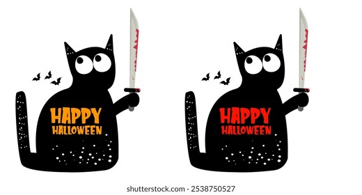 Happy halloween greeting card or banner with Black cat holding bloody knife isolated on white background. Funny Halloween black cat holding a bloody knife . PNG Halloween vector design template