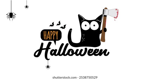 Happy halloween greeting card or banner with Black cat holding bloody knife isolated on white background. Funny Halloween black cat holding a bloody knife . PNG Halloween vector design template