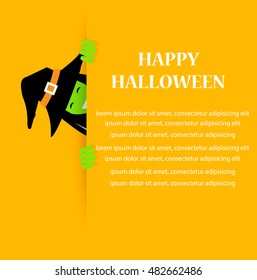 Happy Halloween greeting card or banner with green Halloween witch on yellow background, vector illustration