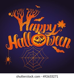 Happy Halloween greeting card or banner. Handmade vector lettering. Orange text with pumpkin, bats and spider on violet  background