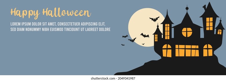 Happy Halloween greeting card. Bat, moon and castle vector illustration and text