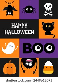 Happy Halloween greeting card. Bat, spider, candy corn, ghost spirit, monster, pumpkin, cat icon set. Skull bone boo text. Cute cartoon funny character. Flat design. Violet orange background. Vector
