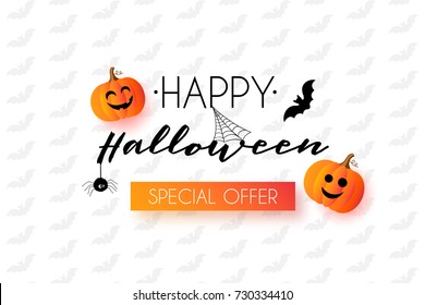 Happy Halloween greeting card with bat, spider, pumpkin, lettering, spiderweb. Banner, poster, voucher, offer, coupon, holiday sale. Vector illustration. Cute creepy background.