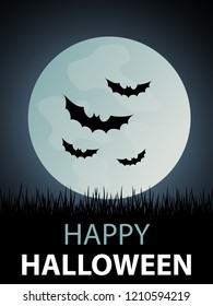 Happy halloween greeting card with bats flying in full moon night
