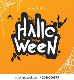 Happy Halloween Greeting Card with Bats and Spider Webs on Orange Background Vector Design.