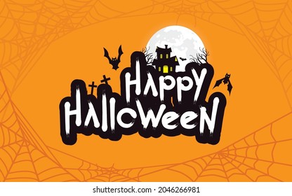 Happy Halloween Greeting Card with Bats, Scary House and Full Moon on Orange Background Vector Design.