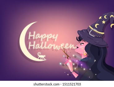 Happy Halloween greeting card, beautiful witch is casting magic, fantasy concept, poster, wizard cartoon character flat design  invitation vector