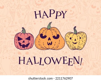 Happy Halloween greeting card. Beautiful card with Jack O'Lanterns. Background with pumpkins for a poster, banner.