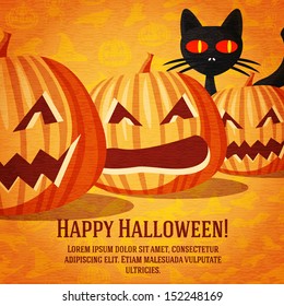 Happy halloween greeting card with black cat and carved pumpkins fading to the perspective. On the bright halloween background with bats, witches, hats, spiders, pumpkins.