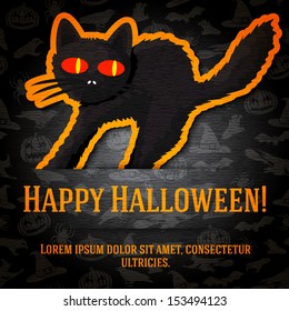 Happy halloween greeting card with black startled cat sticker cut from the paper and placed between ribbon and background. On the dark halloween texture with bats, witches, hats, spiders, pumpkins. 