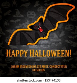 Happy halloween greeting card with black bat sticker cut from the paper and placed between ribbon and background. On the dark halloween texture with bats, witches, hats, spiders, pumpkins. 