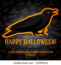 Happy halloween greeting card with black raven sticker cut from the paper and placed between ribbon and background. On the dark halloween texture with bats, witches, hats, spiders, pumpkins. 