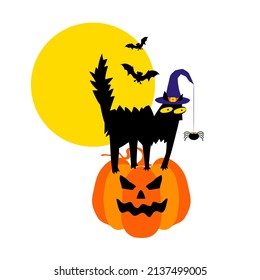 Happy Halloween greeting card with a black cat in a witch hat and a creepy pumpkin. Cartoon character of animal holidays. - Vector.
