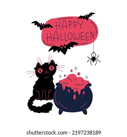 Happy halloween greeting card with black cat, bats, spider and witch cauldron. Vector halloween illustration.