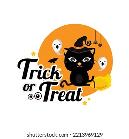 Happy Halloween greeting card with black cat in a witch hat.