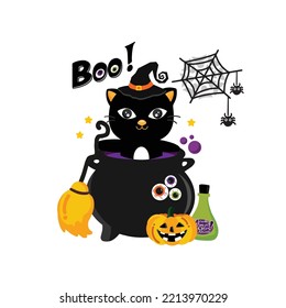 Happy Halloween greeting card with black cat in a witch hat.
