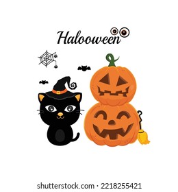 Happy Halloween greeting card with black cat in a witch hat.