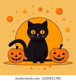 Happy Halloween greeting card with black cat and pumpkins vector illustartion. Holidays cute cartoon character. For poster, logo, greeting card, typography