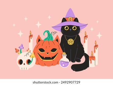 Happy Halloween greeting card with black cat, pumpkin, skull, candles, potion. Vector illustration in flat style