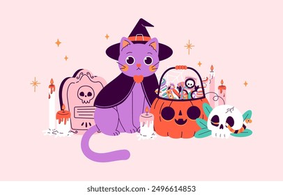 Happy Halloween greeting card with black cat, pumpkin, skull, candles, potion. Happy holiday, Halloween for kids. Vector illustration in flat style. 