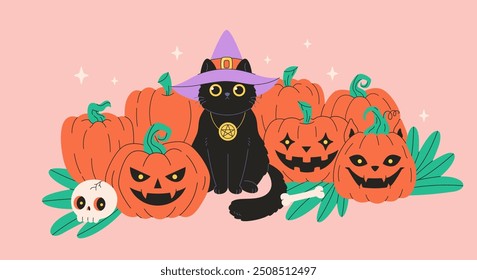 Happy Halloween greeting card with black cat in witch hat, pumpkins and skull. Vector illustration in flat style