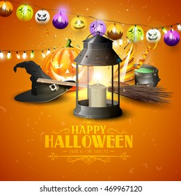 Happy Halloween greeting card with black lantern, old hat, pumpkin, broom and party hat on orange background