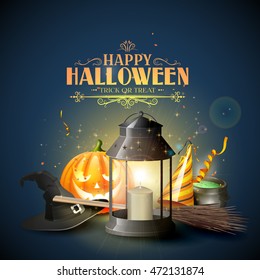Happy Halloween greeting card with black lantern, old hat, pumpkin, broom and party hat on dark blue background